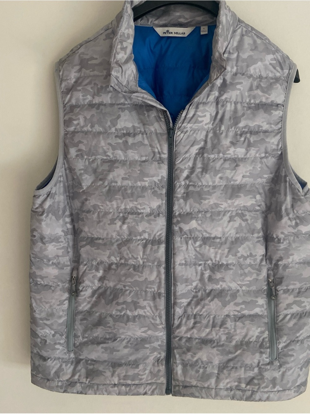 Peter Millar Light Grey Camo Quilted Vest with Blue Lining
